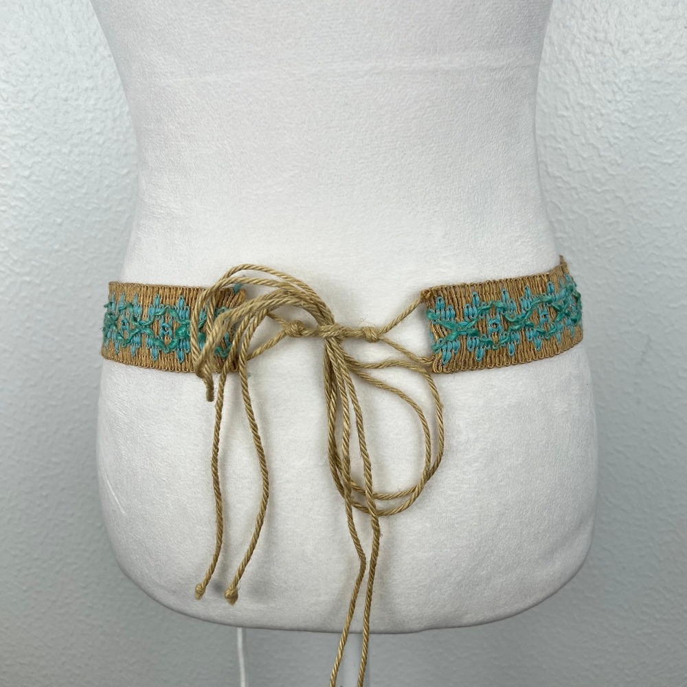 Boho Woven Hemp Belt Turquoise Embroidered Tie Back Natural Fiber Waist Sash